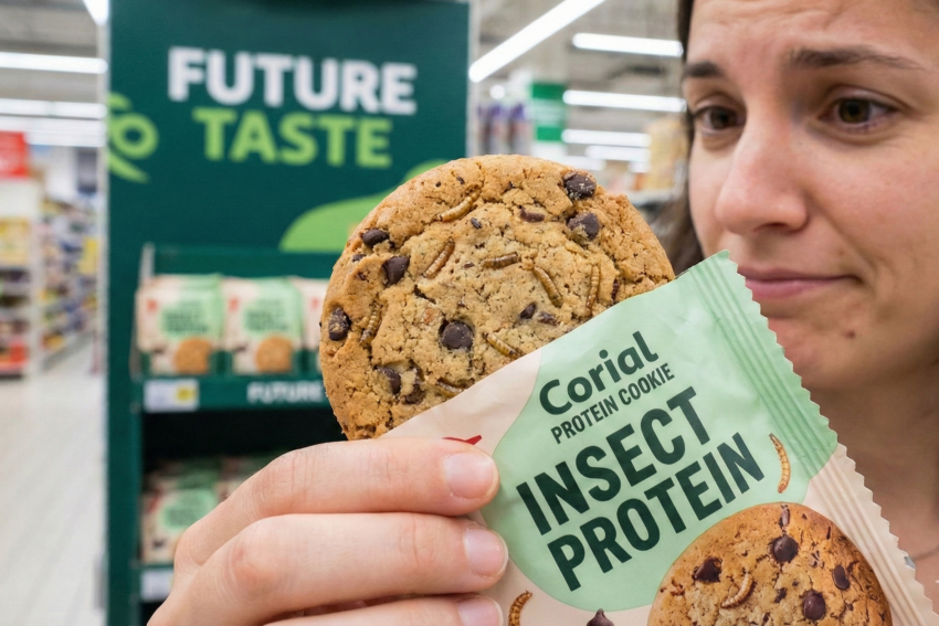 Mulher a segurar em bolachas com proteína de inseto. Crédito: Foto AI
