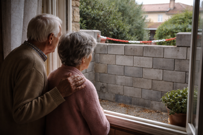 Casal de idosos a olhar pela janela. Crédito: Foto AI