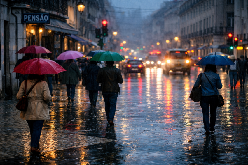Pessoas a andar à chuva. Crédito: Foto AI