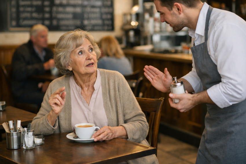 Empregado de café segura um açucareiro enquanto explica a nova regra da União Europeia a cliente. Crédito: Foto AI