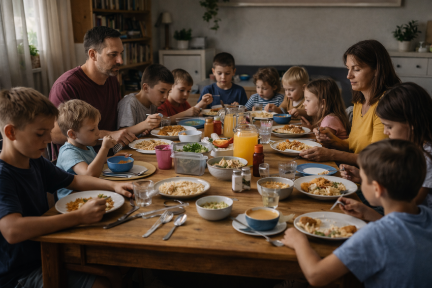 Família com 10 filhos à mesa. Crédito: Foto AI