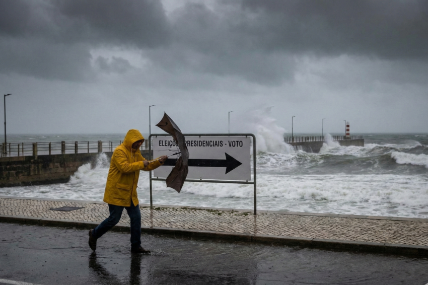 Eleitor a caminho das eleições presidenciais com mau tempo. Crédito: Foto AI