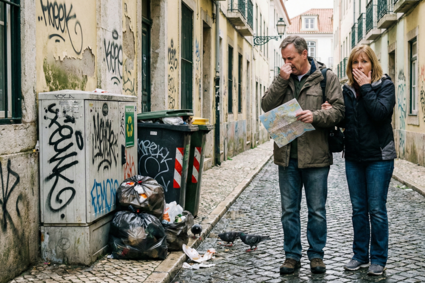Casal de americanos desagradados em Lisboa. Crédito: Foto AI