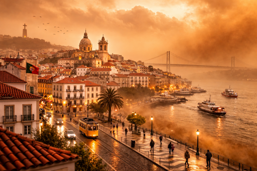 Cidade portuguesa invadida por poeiras do Saara. Crédito: Foto AI