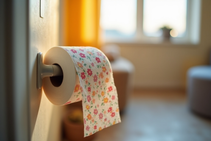 Rolo de papel higiénico no puxador de uma porta. Crédito: Freepik AI