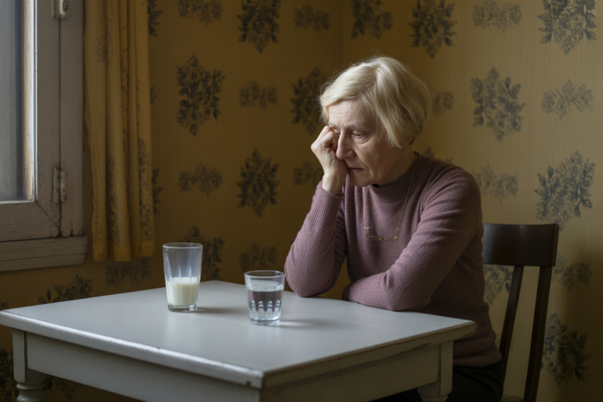 Mulher triste sentada à mesa.