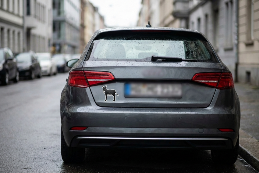 Autocolante de um burro na traseira de um carro. Crédito: Freepik AI