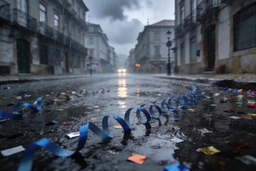 Festa de Carnaval parada pela chuva. Crédito: Freepik AI