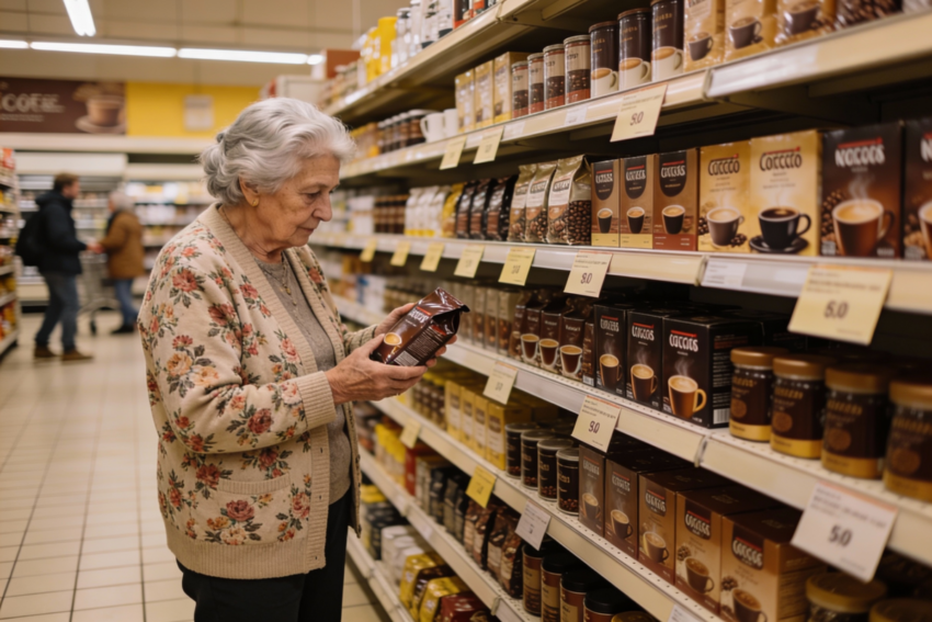 Idosa a escolher café no supermercado. Crédito: Freepik AI