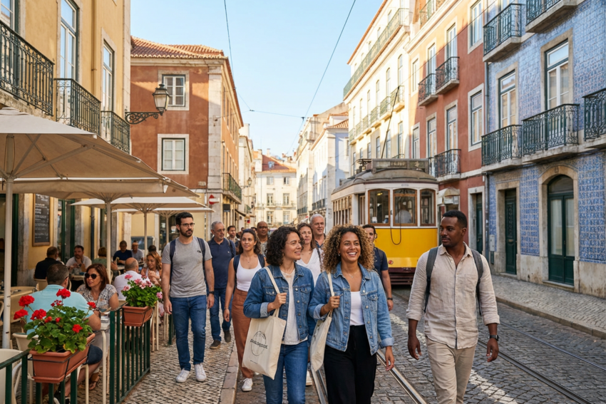 Pessoas a passear num dia com bom tempo. Crédito: Freepik AI