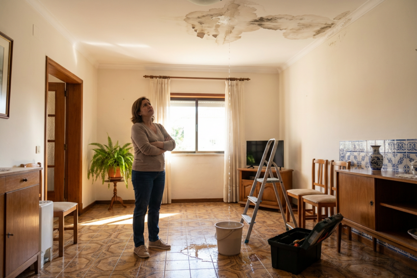 Mulher com infiltrações em casa. Crédito: Freepik AI