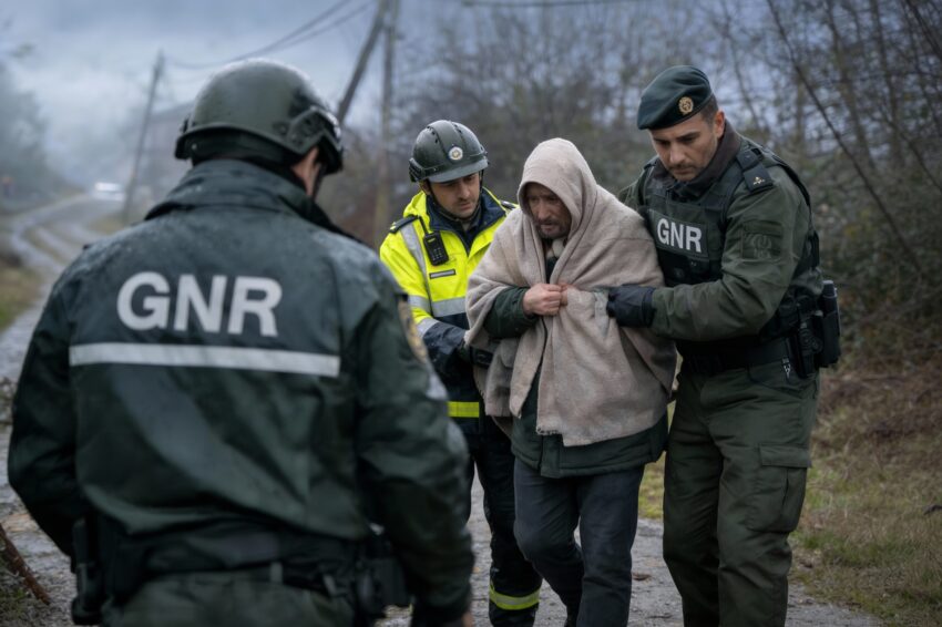 Agentes da GNR a auxiliar população local após tempestade. Crédito: Freepik AI