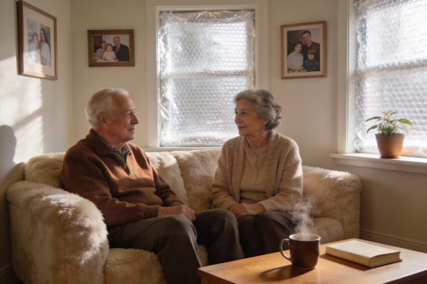 Casal em casa no inverno sem frio nem humidade. Crédito: Freepik AI