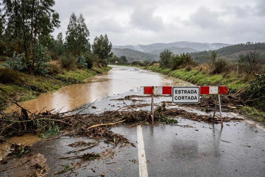 Estrada cortada em Portugal. Crédito: Freepik AI