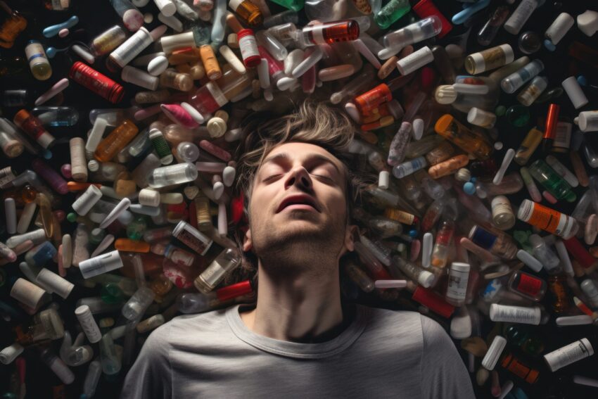 Homem deitado em cima de inúmeros frascos de substâncias. Crédito: Freepik AI