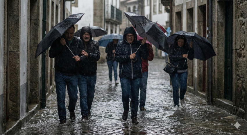 Várias pessoas debaixo de chuva forte. Crédito: Foto AI