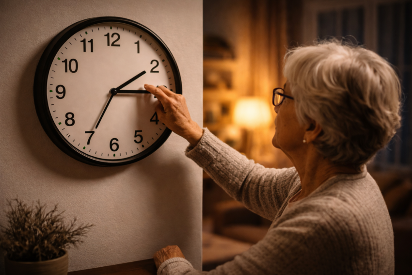 Idosa a acertar relógio. Crédito: Foto AI