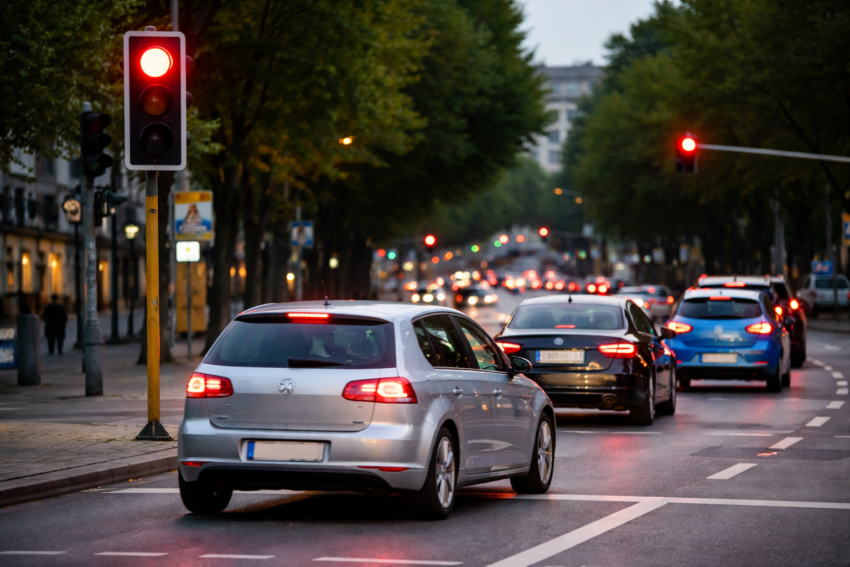 Carros a passar semáforo vermelho.Crédito: Foto AI