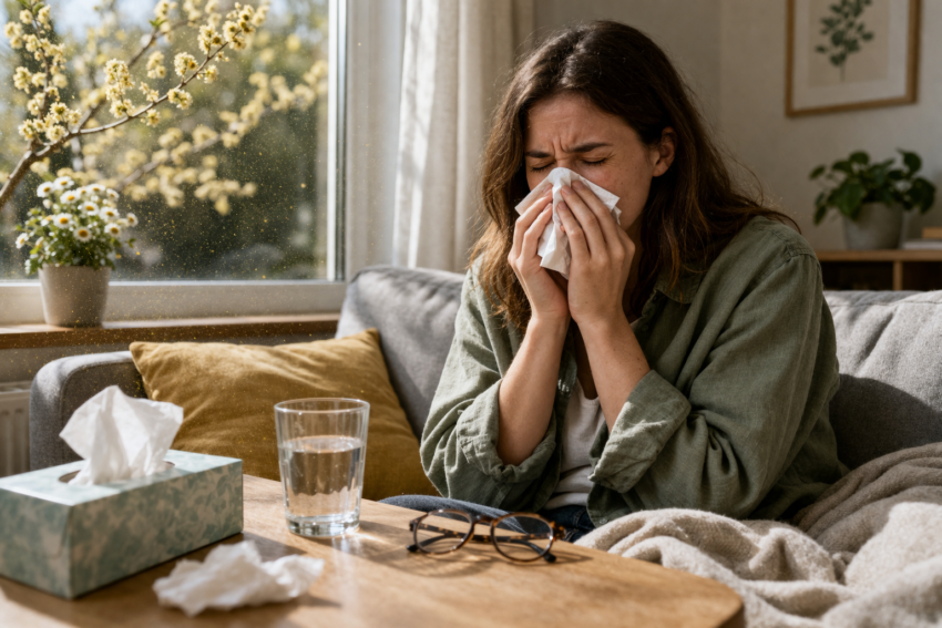 Mulher com alergias na primavera. Crédito: Foto AI