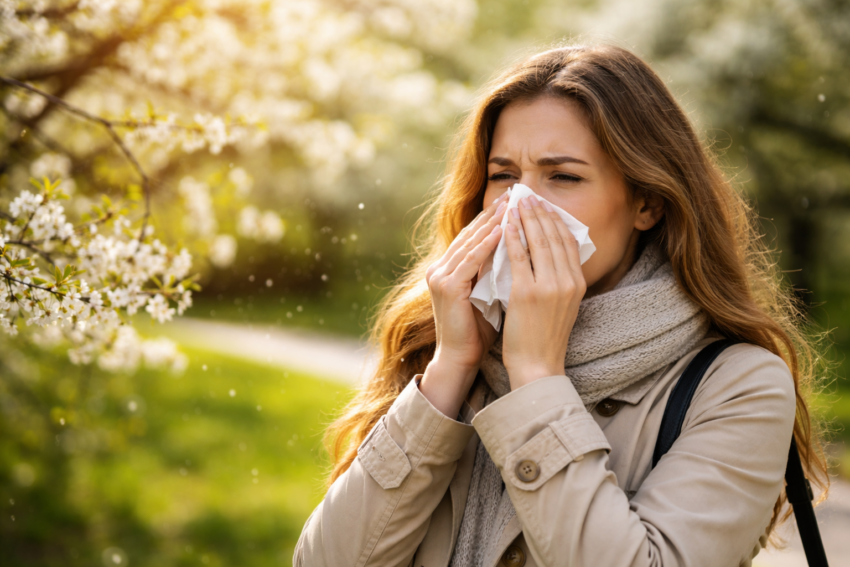 Mulher com alergia ao pólen. Crédito: Foto AI