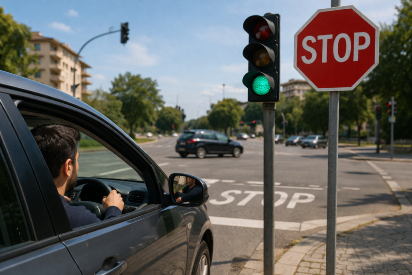 Semáforo e sinal de STOP. Crédito: Foto AI
