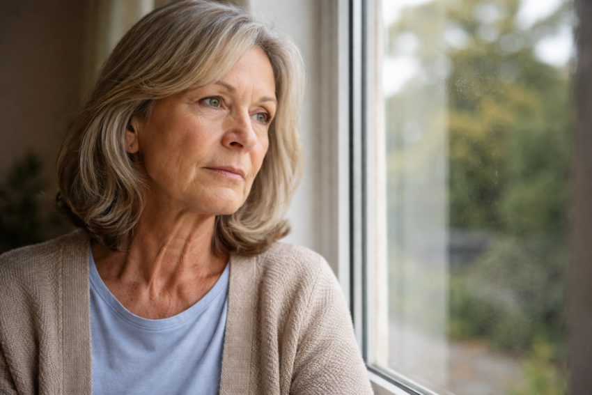 Mulher a olhar pela janela. Crédito: Foto AI