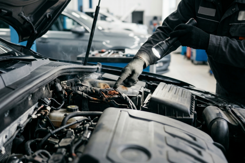 Mecânico a apontar lanterna dentro do capô. Crédito: Freepik