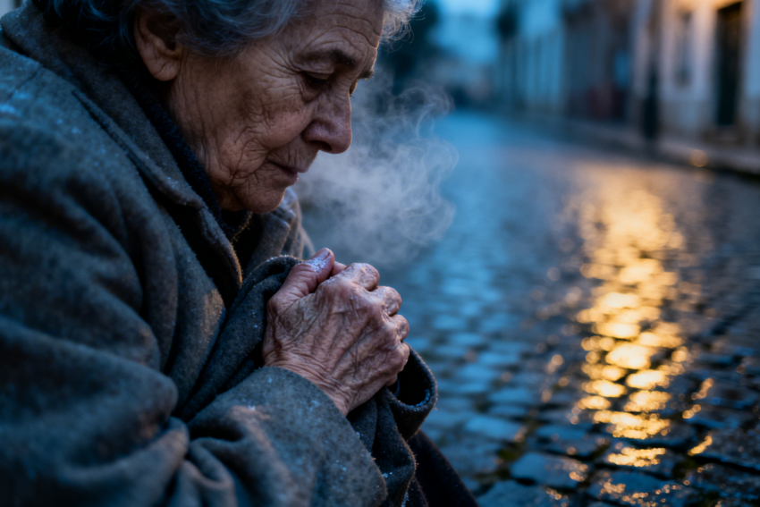 Idosa com frio. Crédito: Freepik AI