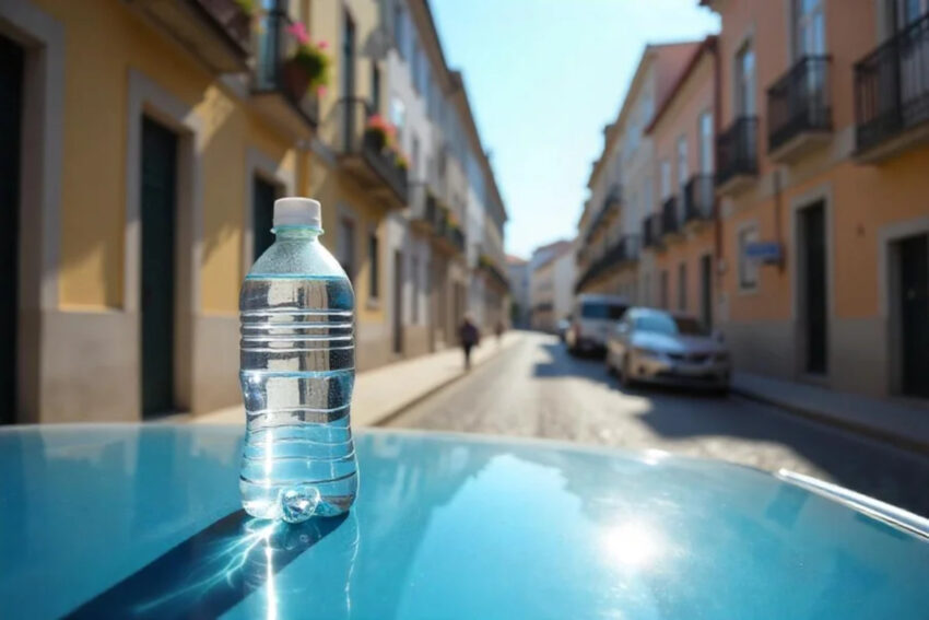 Garrafa de água no tejadilho de um carro. Crédito: Freepik AI