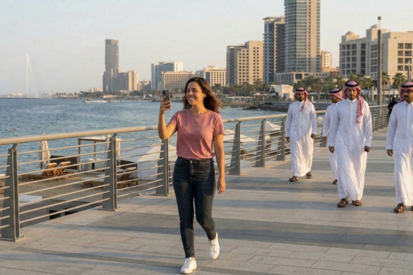 Mulher a caminhar junto ao mar com 4 homens atrás de si. Crédito: Freepik