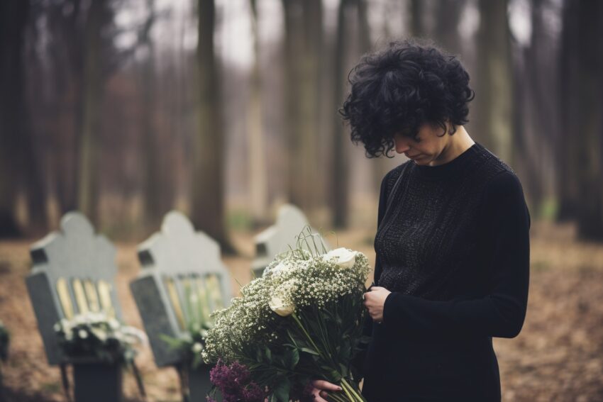 Mulher de luto num cemitério. Crédito: Freepik