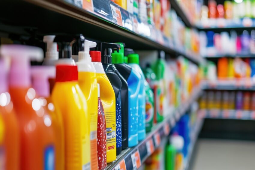 Produtos de limpeza no supermercado. Crédito: Freepik AI