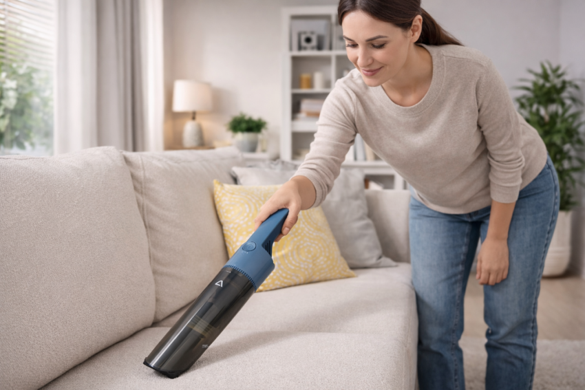Mulher a usar o Aspirador Manual sem Fios. Crédito: Foto AI