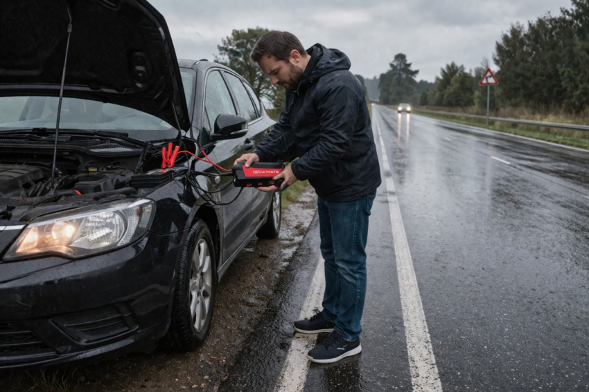 Homem a usar bateria powerbank. Crédito: Foto AI