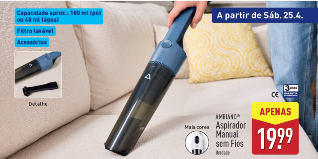 Aspirador Manual Sem Fios. Crédito: Folheto Aldi