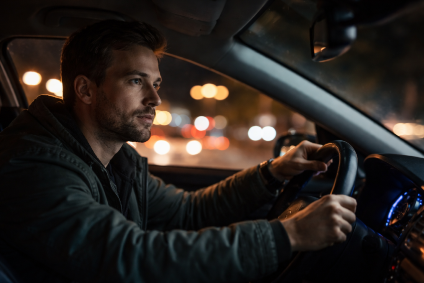 Homem a conduzir à noite. Crédito: Foto AI