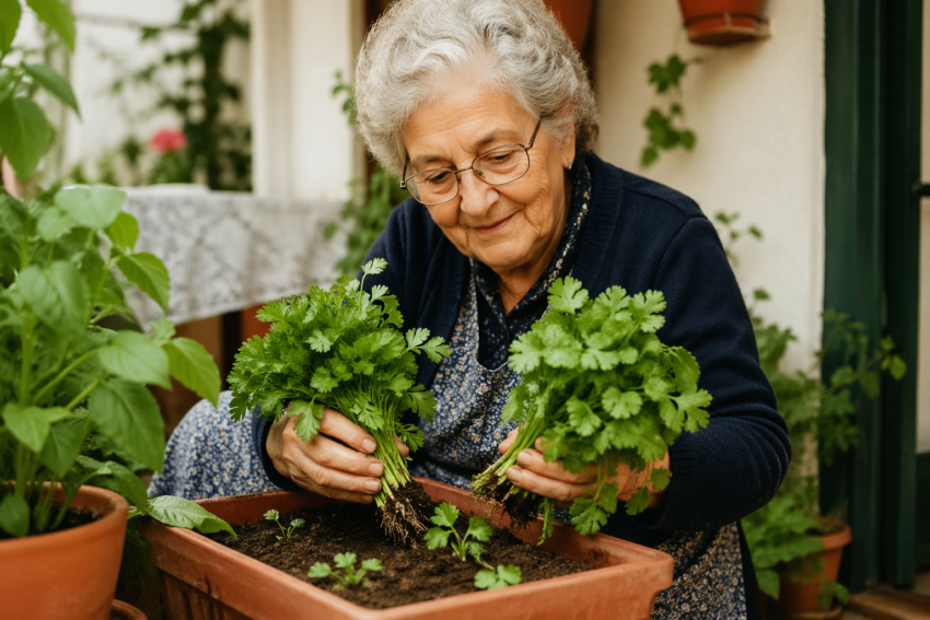 Idosa a plantar salsa e coentros. Crédito: Foto AI