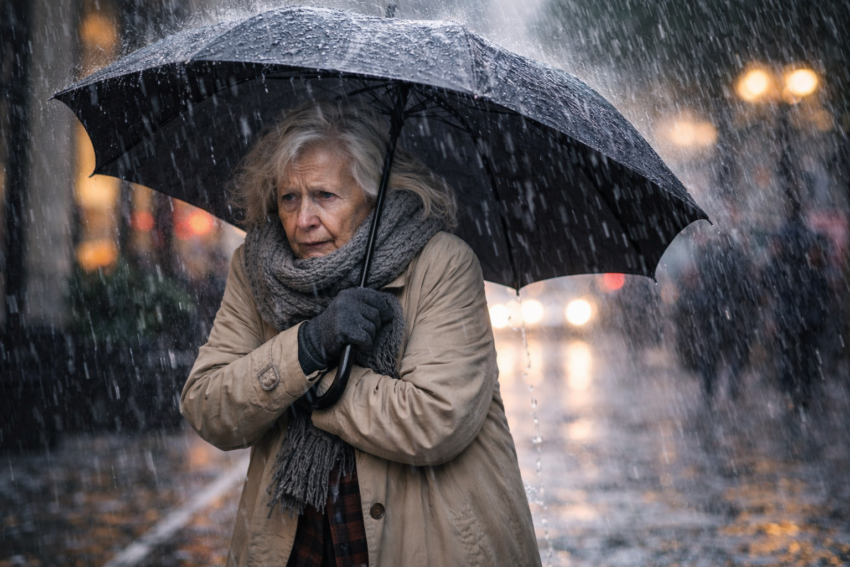 Idosa com frio num dia de chuva. Crédito: Foto AI