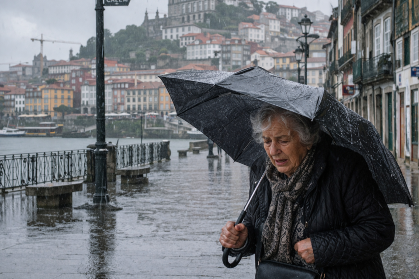 Idosa à chuva. Crédito: Foto AI