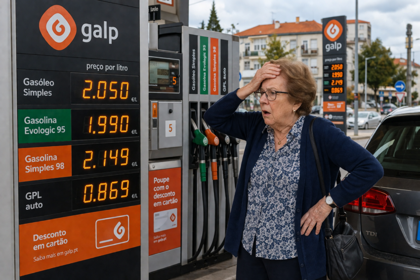 Idosa a olhar para preço dos combustíveis. Crédito: Foto AI
