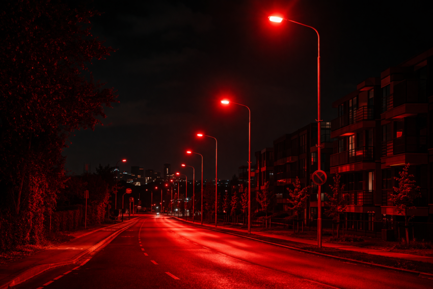 Rua com iluminação pública de cor vermelha. Crédito: Foto AI