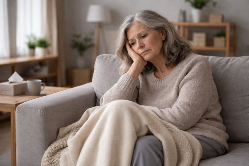 Mulher com expressão cansada. Crédito: Foto AI