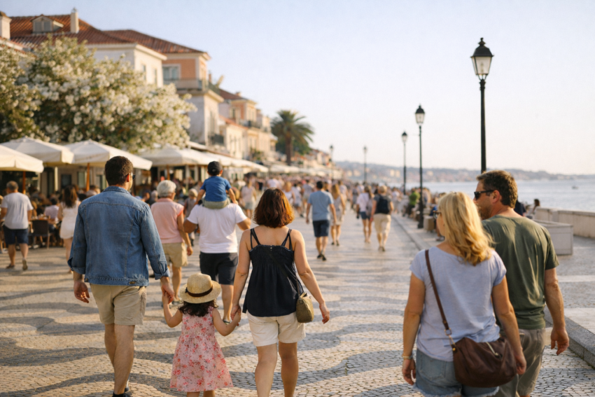 Pessoas a passear com bom tempo. Crédito: Foto AI