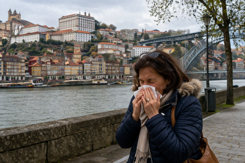 Mulher a sofrer com alergias. Crédito: Foto AI
