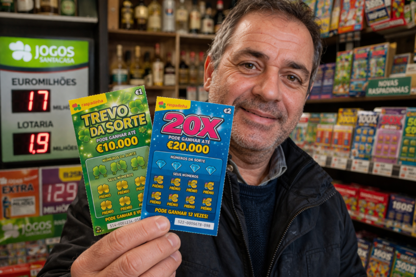 Homem a segurar raspadinhas. Crédito: Foto AI