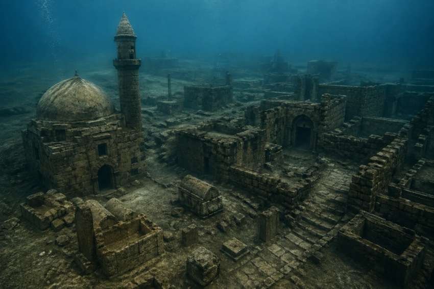 Ruínas de cidade submersa. Crédito: Foto AI