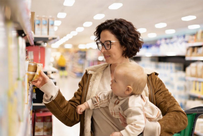 Mãe e bebé no supermercado. Crédito: Freepik AI