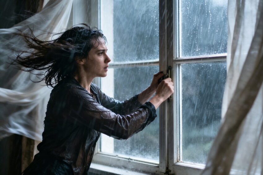 Mulher a fechar a janela de casa num dia de tempestade.