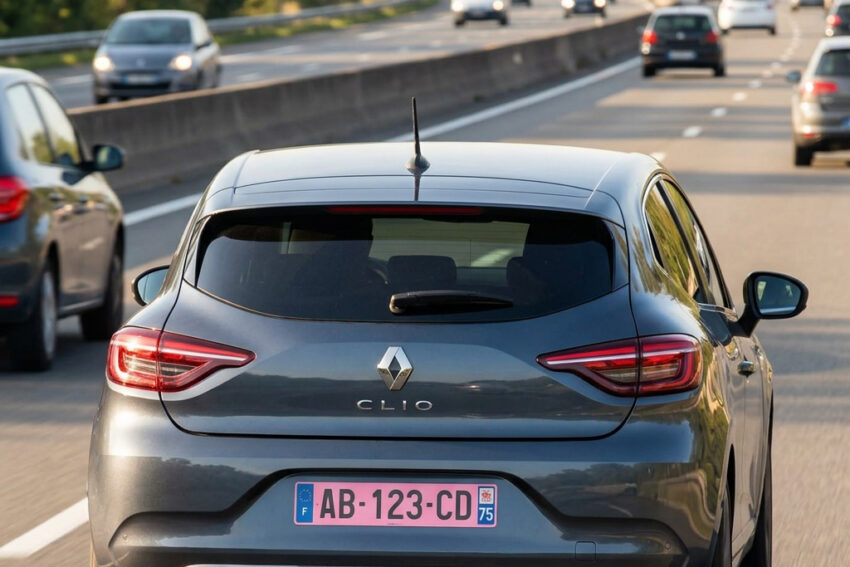 Automóvel com a matrícula cor de rosa.