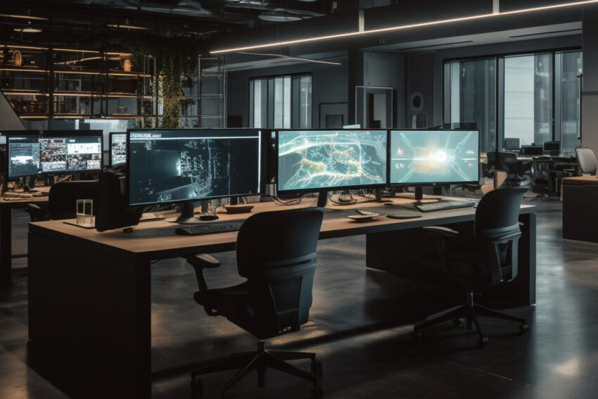 Escritório com computadores.